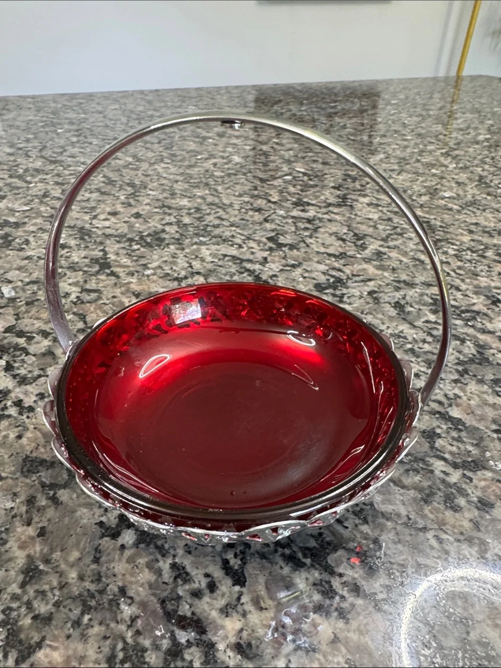 Silver-Trim Ruby Red Glass condiment Dish with hanging Spoon EUC